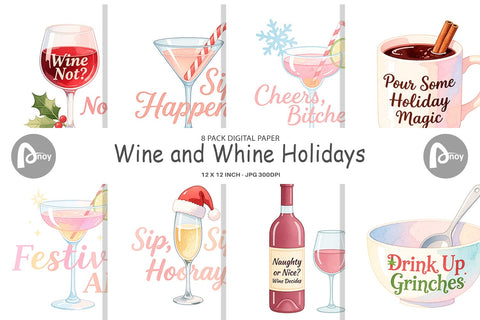 Digital Paper Quotes Watercolor Wine and Whine Holidays Digital Pattern artnoy 