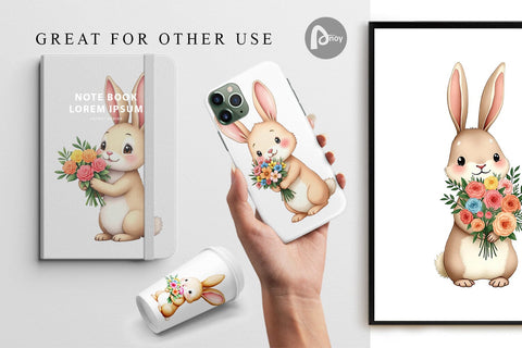 Digital Paper Rabbit Spring Bouquet Digital Pattern artnoy 