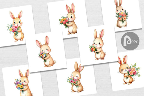 Digital Paper Rabbit Spring Bouquet Digital Pattern artnoy 