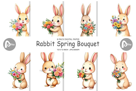 Digital Paper Rabbit Spring Bouquet Digital Pattern artnoy 
