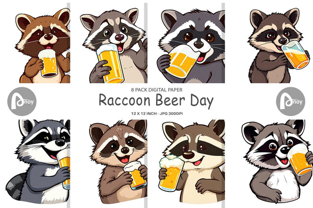 Digital Paper Raccoon Beer Day Digital Pattern artnoy 