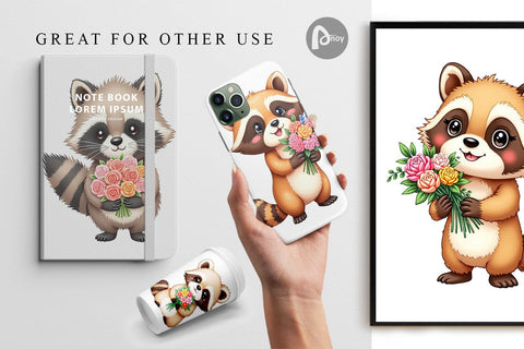 Digital Paper Raccoon Spring Bouquet Digital Pattern artnoy 