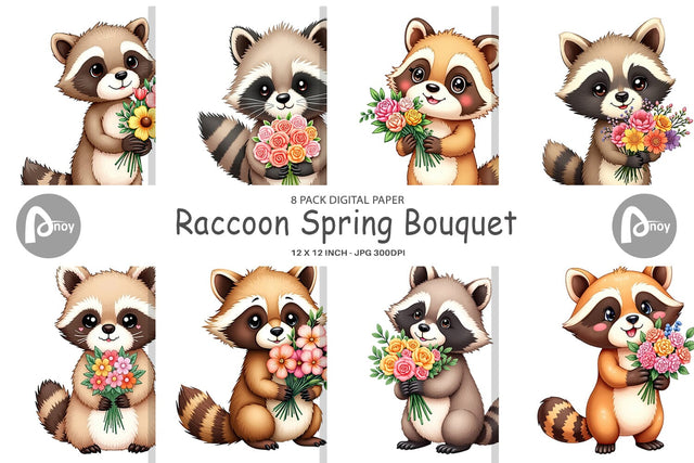 Digital Paper Raccoon Spring Bouquet Digital Pattern artnoy 