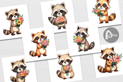 Digital Paper Raccoon Spring Bouquet Digital Pattern artnoy 