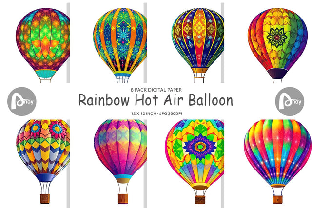 Digital Paper Rainbow Hot Air Balloon Digital Pattern artnoy 