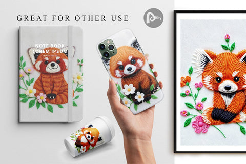 Digital Paper Red Panda Embroidery Digital Pattern artnoy 