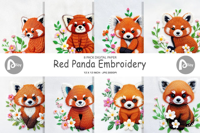 Digital Paper Red Panda Embroidery Digital Pattern artnoy 