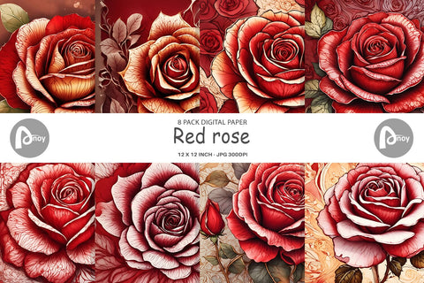 Digital Paper Red Rose Flower Digital Pattern artnoy 