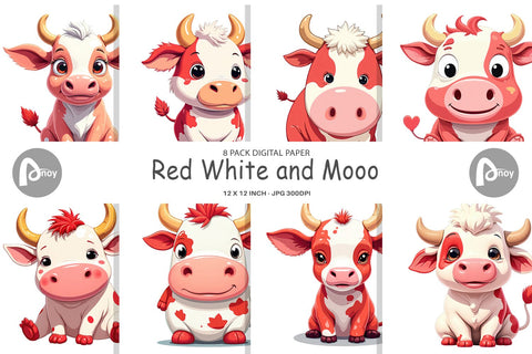 Digital Paper Red White Moo Digital Pattern artnoy 