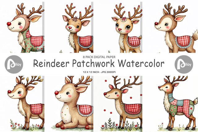 Digital Paper Reindeer Patchwork Watercolor Digital Pattern artnoy 