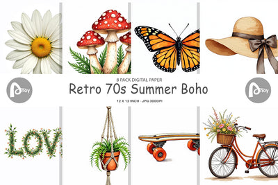 Digital Paper Retro 70s Summer Boho Watercolor Digital Pattern artnoy 
