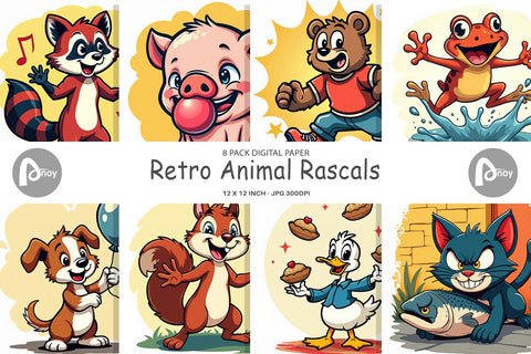 Digital Paper Retro Animal Rascals Digital Pattern artnoy 