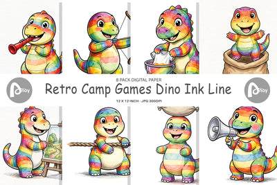 Digital Paper Retro Camp Games Dino Ink Line Digital Pattern artnoy 