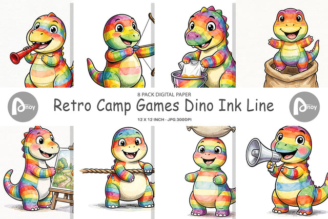 Digital Paper Retro Camp Games Dino Ink Line Digital Pattern artnoy 