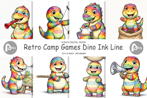 Digital Paper Retro Camp Games Dino Ink Line Digital Pattern artnoy 