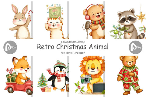 Digital Paper Retro Christmas Animals Digital Pattern artnoy 