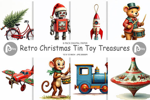 Digital Paper Retro Christmas Tin Toy Treasures Watercolor Digital Pattern artnoy 