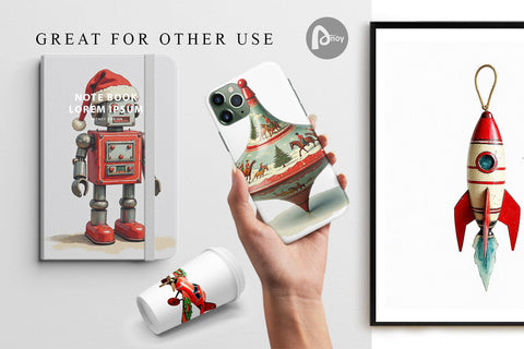 Digital Paper Retro Christmas Tin Toy Treasures Watercolor Digital Pattern artnoy 