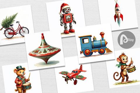 Digital Paper Retro Christmas Tin Toy Treasures Watercolor Digital Pattern artnoy 