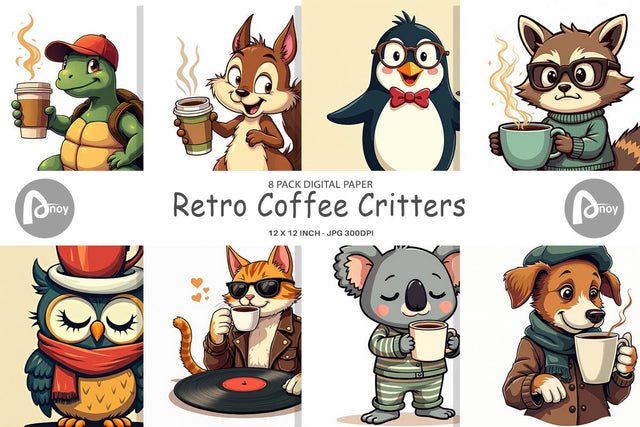 Digital Paper Retro Coffee Critters Digital Pattern artnoy 