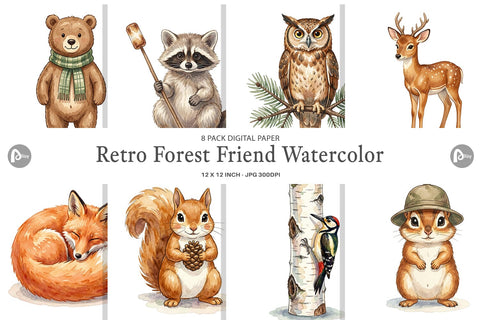 Digital Paper Retro Forest Friend Watercolor Digital Pattern artnoy 