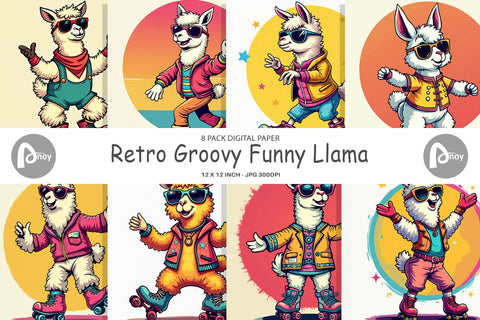 Digital Paper Retro Funny Llama Digital Pattern artnoy 