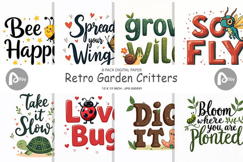 Digital Paper Retro Garden Critters Cute Motivational Quote Art Digital Pattern artnoy 