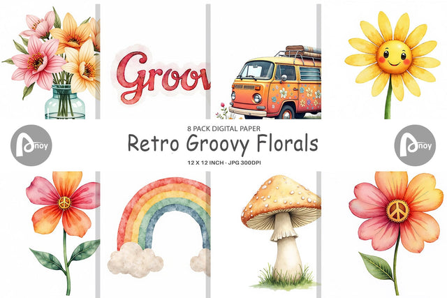 Digital Paper Retro Groovy Florals Digital Pattern artnoy 