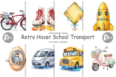 Digital Paper Retro Hover School Transport Digital Pattern artnoy 