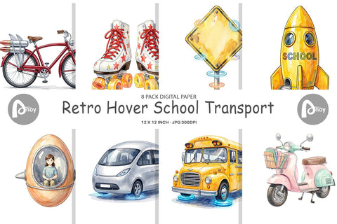 Digital Paper Retro Hover School Transport Digital Pattern artnoy 