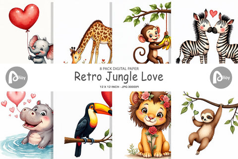 Digital Paper Retro Jungle Love Valentine's Safari Animal Digital Pattern artnoy 