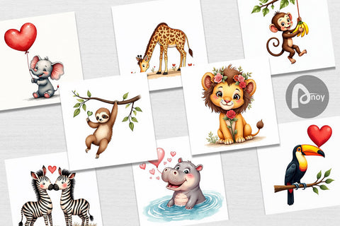 Digital Paper Retro Jungle Love Valentine's Safari Animal Digital Pattern artnoy 