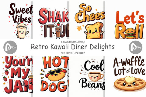 Digital Paper Retro Kawaii Diner Delights Cute Food Quote Digital Pattern artnoy 