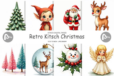 Digital Paper Retro Kitsch Christmas Watercolor Digital Pattern artnoy 
