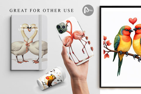 Digital Paper Retro Lovebirds & Swans Valentine Watercolor Digital Pattern artnoy 