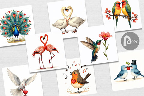 Digital Paper Retro Lovebirds & Swans Valentine Watercolor Digital Pattern artnoy 