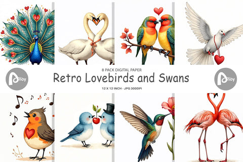 Digital Paper Retro Lovebirds & Swans Valentine Watercolor Digital Pattern artnoy 