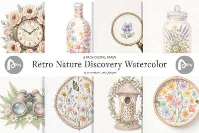 Digital Paper Retro Nature Discovery Watercolor Digital Pattern artnoy 