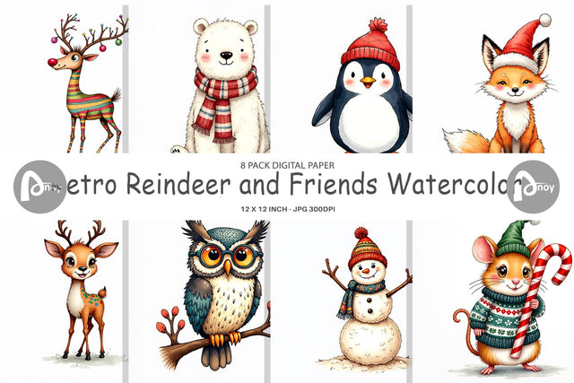 Digital Paper Retro Reindeer Friends Digital Pattern artnoy 