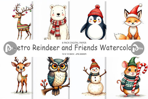 Digital Paper Retro Reindeer Friends Digital Pattern artnoy 