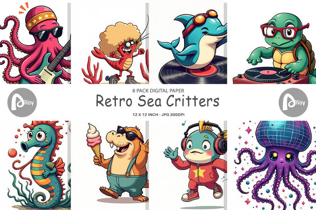 Digital Paper Retro Sea Critters Digital Pattern artnoy 