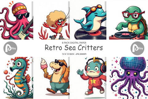 Digital Paper Retro Sea Critters Digital Pattern artnoy 