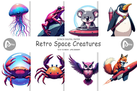 Digital Paper Retro Space Creatures Sublimation artnoy 