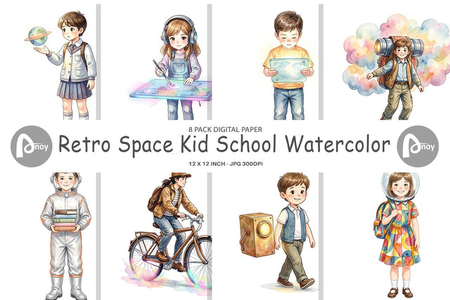Digital Paper Retro Space Kid School Watercolor Digital Pattern artnoy 