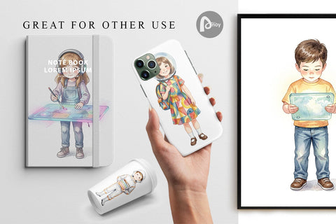 Digital Paper Retro Space Kid School Watercolor Digital Pattern artnoy 