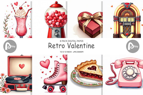 Digital Paper Retro Valentine's Sweetheart Cafe Digital Pattern artnoy 