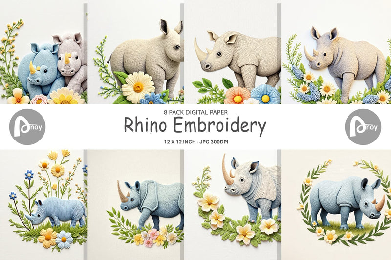Digital Paper Rhino Embroidery Digital Pattern artnoy 
