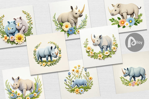 Digital Paper Rhino Embroidery Digital Pattern artnoy 