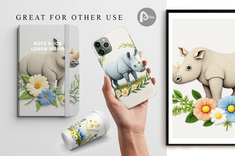 Digital Paper Rhino Embroidery Digital Pattern artnoy 