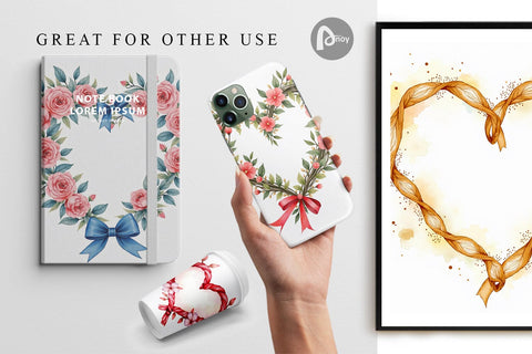 Digital Paper Ribbon Heart Wreaths Digital Pattern artnoy 